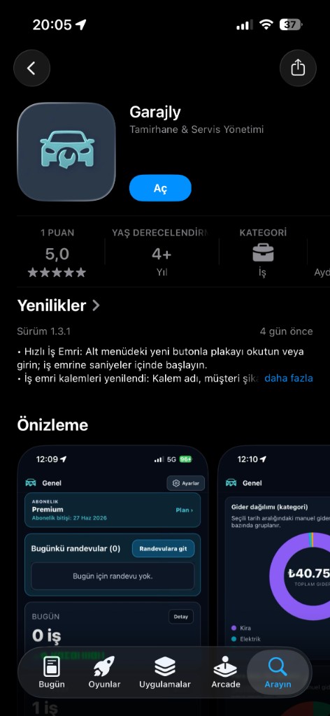 Garajly App Store önizlemesi — Genel özet ve gider dağılımı ekranları