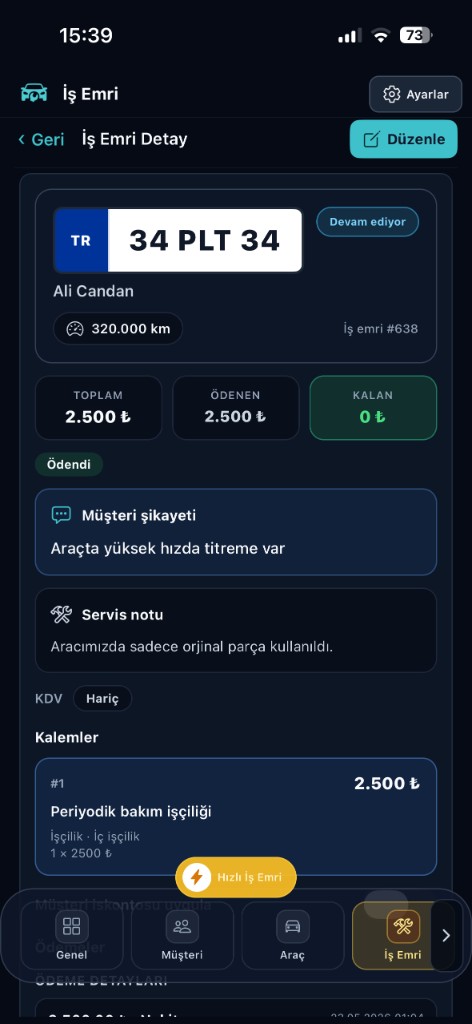 İş emri detay — ödeme ve servis notları